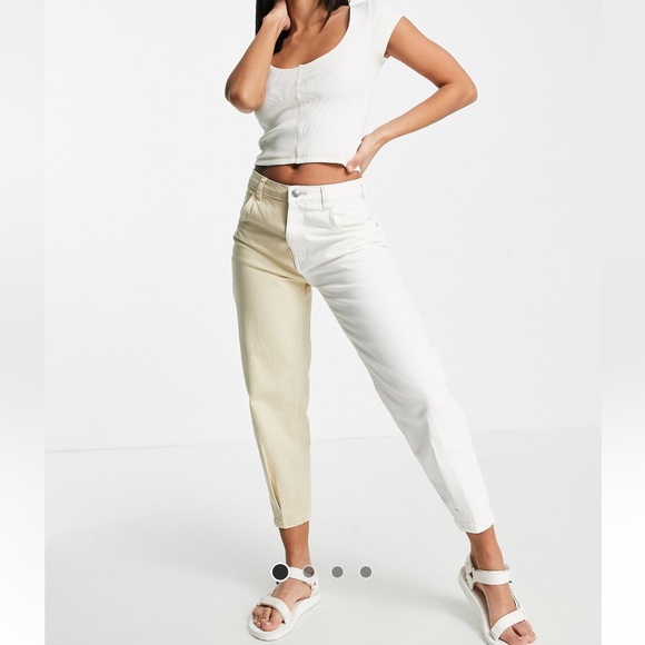 Bershka cropped jeans in white & camel - Picture 1 of 6